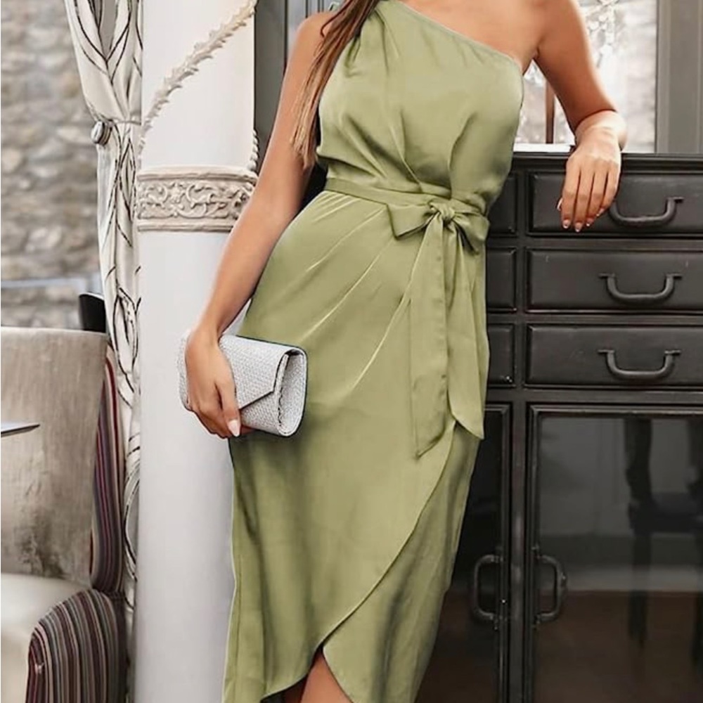 NWT: One Shoulder Satin Belted Midi Dress